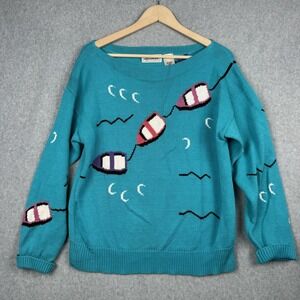 Vintage Alpenblick Sweater Womens 40 / M Teal Boatneck Nautical Row Boats Retro